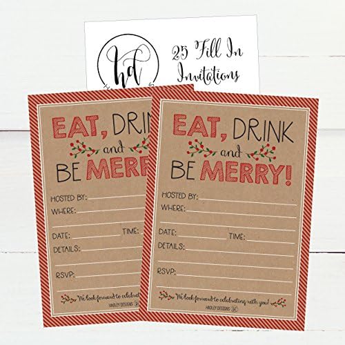 Hadley Designs 25 Convites de festa de férias rústicas, convite de jantar de Natal de Natal, Idéias de cartas temáticas de evento festivo de aniversário de inverno, Kraft Eat Drink Merry Red Adults Bday Supplies, modelo imprimível