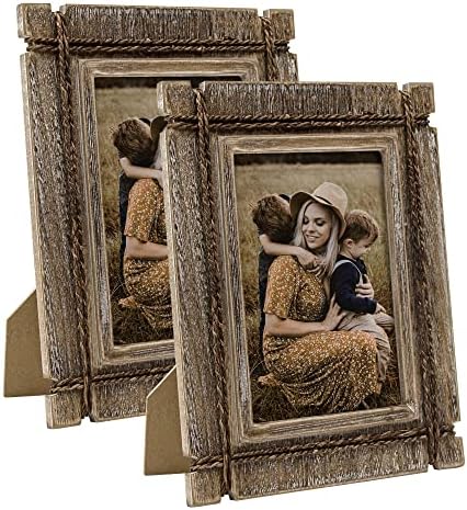 Takfot quadros rústicos de imagem 5x7 Conjunto de molduras de madeira de 2, armações de fotos ocidentais angustiadas com