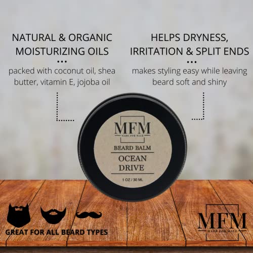 Feito para o bálsamo de barba perfumado masculino para homens - deixe em bálsamo de estilo de barba com manteiga de karité e óleos essenciais para suavizar, fortalecer e proteger | Ocean Drive perfumado, 1oz