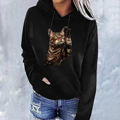 Camisa com capuz de estampa de gato 3D para mulheres fofas fof -out kitty espionando gato gráfico tee retrô casual moletom de bolso