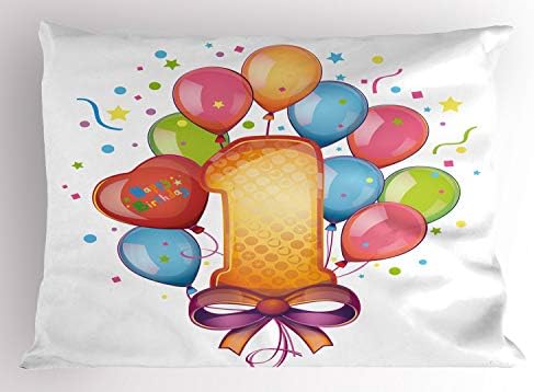 Ambesonne 1st Birthday Pillow Sham, tema vintage Primeira festa com balões estrelas e pontos Imagem colorida e decorativa