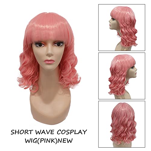 Peruca rosa vaajee, peruca de onda curta curta de 14 polegadas com franja cosplay rosa sintético perucas para mulheres na altura do ombro colorido peruca para festa