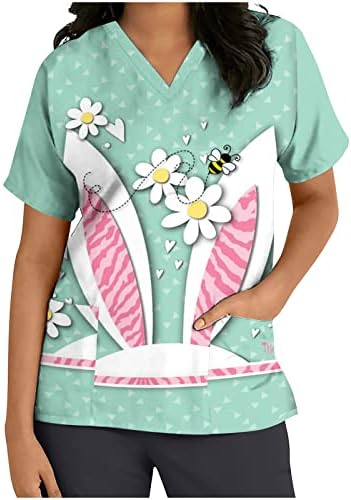 Blusas femininas para o dia da Páscoa, coelhos impressos de manga curta solta V uniforme de enfermagem de enfermagem camisetas de Páscoa feliz