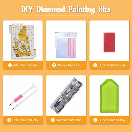 Kits de pintura de diamante para adultos, gnomo de broca completa com kits de pintura de diamante de girassóis, DIY 5D