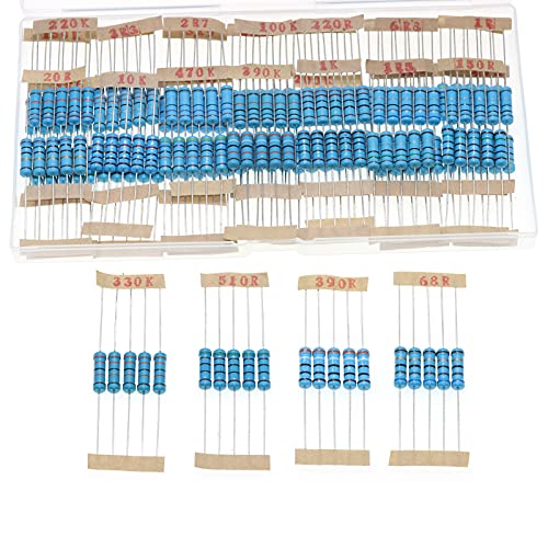 Kit de resistor Aukenien 2W 1%, 40 valores 200pcs 1 ohm - 1m ohm 2 watts Metal Film Resistorment Commatement ROHS