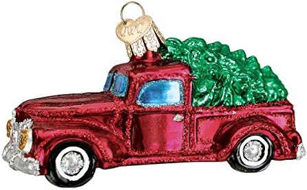 Ornamentos de Natal do Velho Mundo: caminhão velho com ornamentos soprados de vidro de árvores para a árvore de Natal