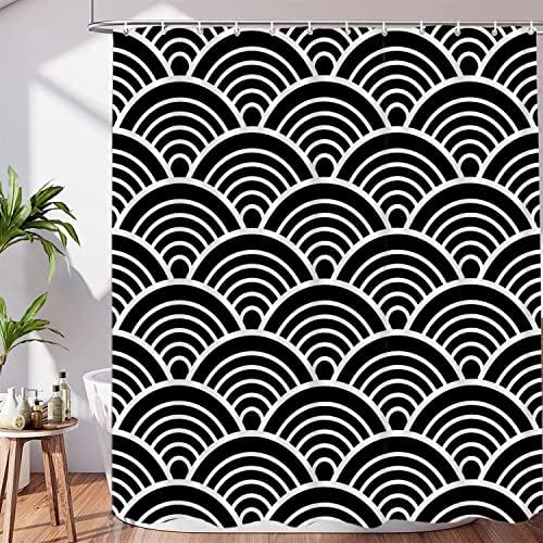 Conjunto de cortina de chuveiro de decoração de onda branca preta de onda preta, cortina de redemoinho japonês, branca