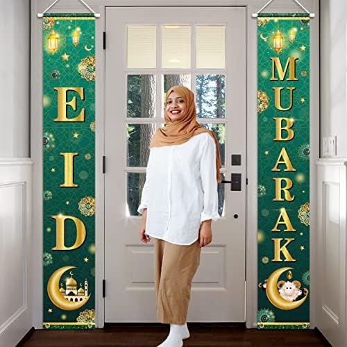 Eid Mubarak Party Porch Sign Banner-Muslim Ramadan Supplies, 2pcs Eid Mubarak Door Banner para Eid al-Fitr Party Decoration