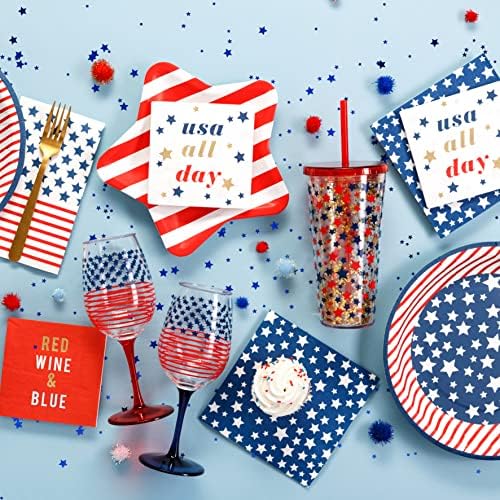 X & O Artigos Dissert descartáveis ​​e guardanapos de almoço para festas, 5 x 5, estrelas americanas azuis e brancas