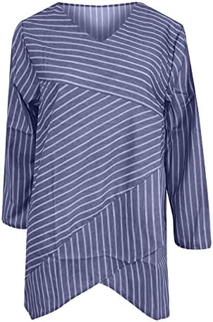 Túdos de túnica de linho feminino para leggings v camiseta listrada de pescoço 3/4 mangas blusas camisas casuais