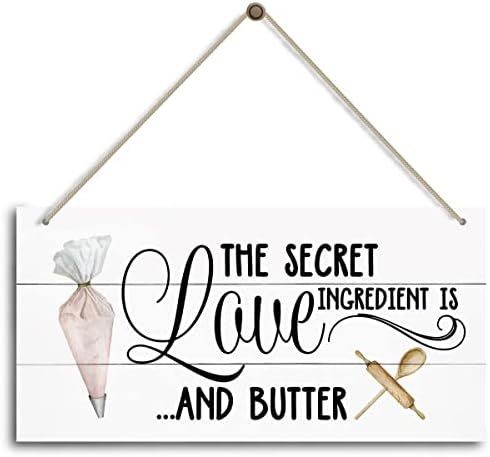 O ingrediente secreto é um sinal de amor e manteiga, decoração engraçada de cozinha rústica para balcão, sinal da cozinha