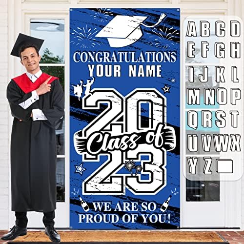 2023 Tampa da porta de graduação Nome personalizado azul Parabéns Decorações com 78 adesivos de alfabetismo Classe de 2023 Banner de porta Parabéns Graduação Pedido de graduação Sinal para fundo interior externo