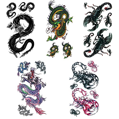 5 folhas Scorpion Dragon Tattoos temporários da prova d'água Pequeno corpo colorido Arte do corpo colorido Tatuagens duradouras de mão de mão lombar lombar do braço do ombro para homens Mulheres 7,5*3,5 polegadas