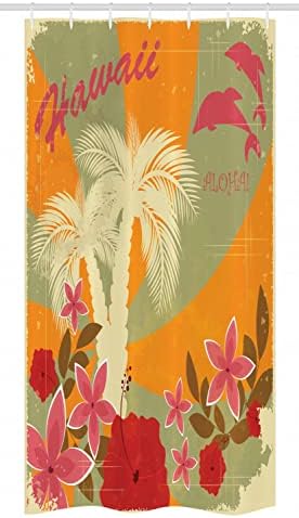 Cortina de chuveiro havaiana de Ambesonne, aloha impressão vintage colorida colorida cenário de redemoinho de pano de fundo de palmeiras, decoração de banheiro de tecido com ganchos, 69 W x 84 L, cravo verde de cravo