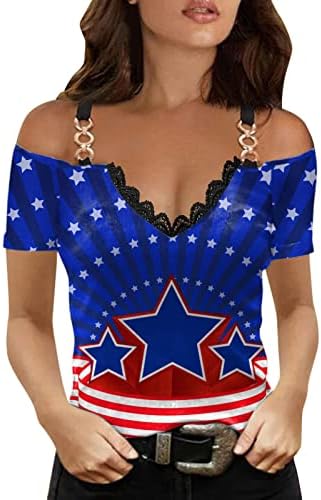 4 de julho Camisas frias de ombro para mulheres Top USA Flag Stripes Graphic T-shirt Bloups casual