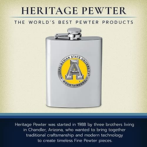 Frasco do Estado Appalachiano Heritage Pewter | Recipiente de frasco de licor de 8 onças - aço inoxidável | Metal de metal intricadamente criado embutido Alma Mater