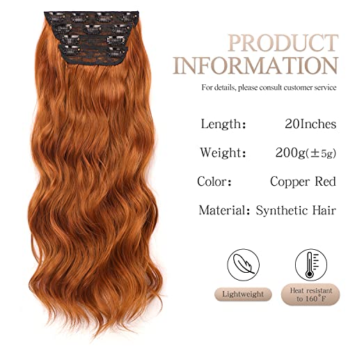 Clipe nnzes em longa extensão ondulada de cabelo de 4pcs de grossa de espessura de weft dupla de 20 polegadas de cobre sintético Extensão de cabelo vermelho para mulheres