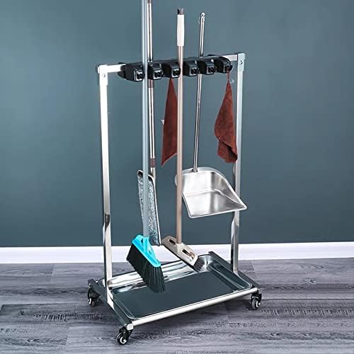 CCTs Movable Hand Trucks Broom e MOP Suporte de esfregona Coloque esfregões molhados, rack de armazenamento removível para a prateleira de vassoura de limpeza rack de aço inoxidável, adequado para garagens, hotéis, escolas, restaurantes/10 slots