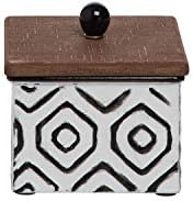 FORESIDE HOME E JARDIM Branco esmalte o padrão geométrico de madeira e metal Jewelry Tinket Storage Box, 5x5x4.5, recibo