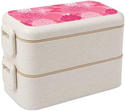 Butterfly Pink Dahlia Double empilhável Bento lancheira reutilizável recipiente de almoço com utensílios para jantar