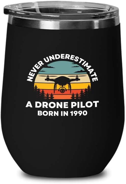 Drone Pilot Teal Wine Tumbler 12oz - Piloto de drones nascido em 1990 - Drone Pilots Aviation RC Quadcopter Operator Airline Girando 32 32º aniversário nascido em 1990