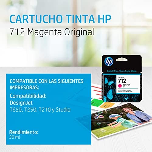 HP 712 Magenta 29 ml Cartucho de tinta genuíno para design de design T650, T630, T230, T210 e plotador de estúdio