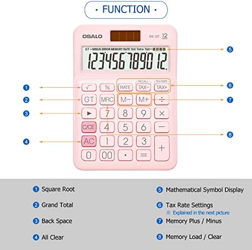 Calculadora de mesa de tamanho pequeno de bolso, 12 dígitos de tela grande LCD, função de imposto básico Calculadora de desktop portátil com energia solar dupla, perfeita para escritório, escola, negócios OS-12T