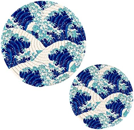 2PCs Poods quentes para cozinha Japanese Blue Wave Trivets para vasos e frigideiras quentes algodão Pote de algodão para tapetes