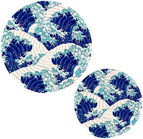 2PCs Poods quentes para cozinha Japanese Blue Wave Trivets para vasos e frigideiras quentes algodão Pote de algodão para tapetes resistentes ao calor da cozinha para bancada