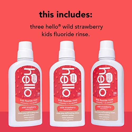 Hello Kids Kids Wild Strawberry Sabor Natural Anticavidade Fluoreto Enxágue - Vegan, Alcool e SLS Free Wite Wash para