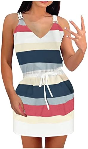 Hoxine Feminino Casual Color Block Mini Summer V Summer V Neck Sleeseless Spaghetti Stripe Splicing Sling Mini vestidos