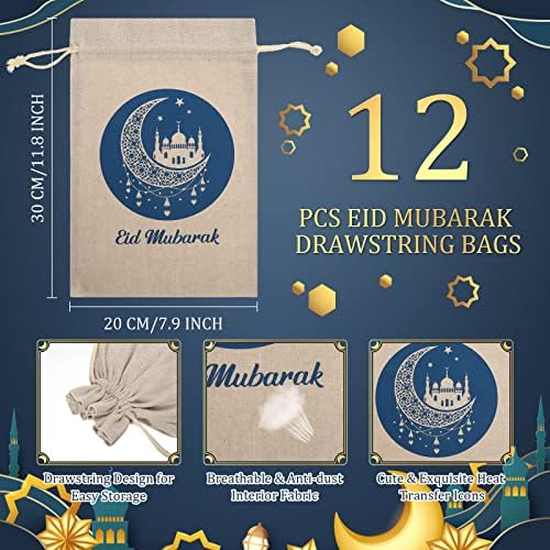 12 PCs Ramadan Eid Mubarak Bacs de tração Bolsa de presentes Bolsas de brindes Eid grandes bolsas de musselina Bolsas de jóias