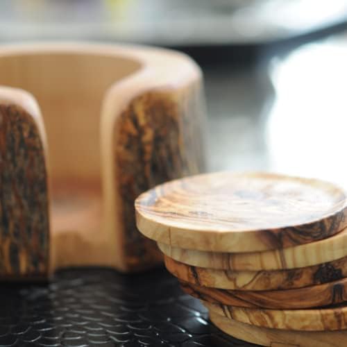Montanha -russa rústica de madeira de azeitona de 8 e suporte, montanhas -russas artesanais de madeira montanha -russa para beber copos