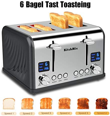 Kitchmix Toaster 4 Slice, Toaster de aço inoxidável de bagel com timer LCD, slots extra largos, tela dupla, bandeja de migalha de remoção