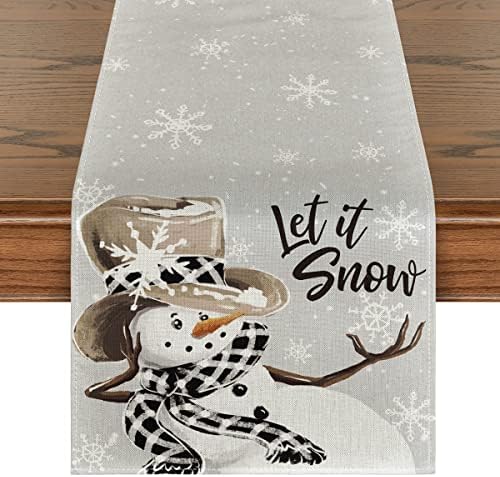 Modo Artóide Grey Snowman Snowflake Let It Snow Christmas Table Runner, Decoração sazonal de mesa de cozinha de inverno para festa em casa 13x72 polegadas
