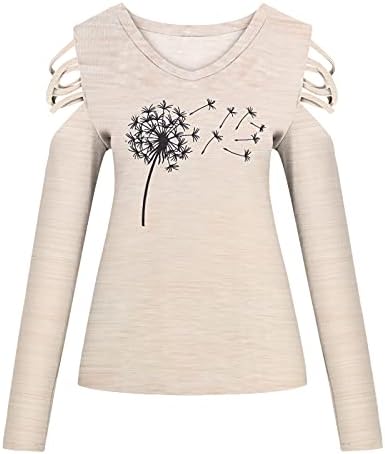 Blusa de ombro feminino Tops de pulseira imprimindo o pescoço de manga longa camiseta de camiseta de blusas gráficas casuais camisas