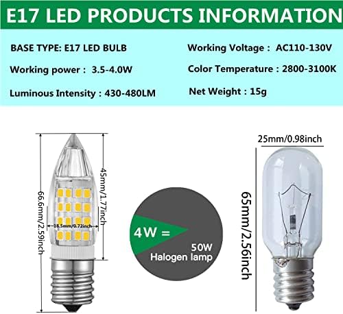 Sriomny E17 lâmpada LED, 6 pacote 120V 4W equivalente a 40w lâmpada de halogênio, branca quente de 3000k de 3000k livre, não resumível, lustre de cristal 360 ° Bulbos de ângulo de feixe