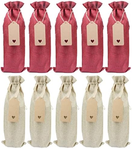 Sacos de vinho de 10 peças, sacos de presente de juta com cordões, tampas de garrafa de vinho reutilizáveis ​​únicas com cordas e tags