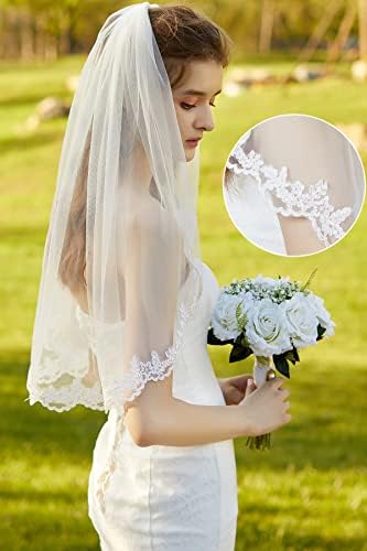 Beautelicate Wedding Bridal Véil com pente 2 camadas Aplique Applique Edge Véil