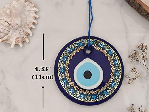 Erbulus 4,3 Vidro azul do olho maligno da parede pendurada em ouro e azul de design floral turquesa - contas nazar turco