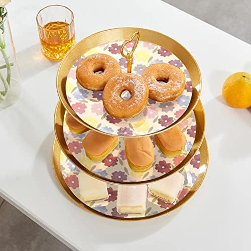 3 Placa de fruta de cupcakes de 3 camadas de sobremesa Plástico para servir suporte de exibição para casamento de aniversário Decorações de chá de chá de chá de bebê redondo, flores coloridas