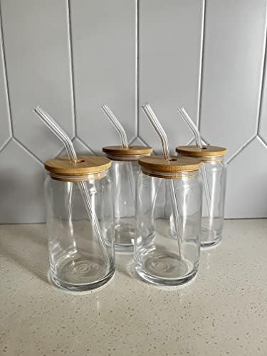 Koko Prints LLC. 16 onças de cerveja de vidro xícaras com tampas e canudos, [conjunto de embalagens de 4 pacotes] Inclui tampas de bambu e canudos de vidro de café gelado com copos de bebidas
