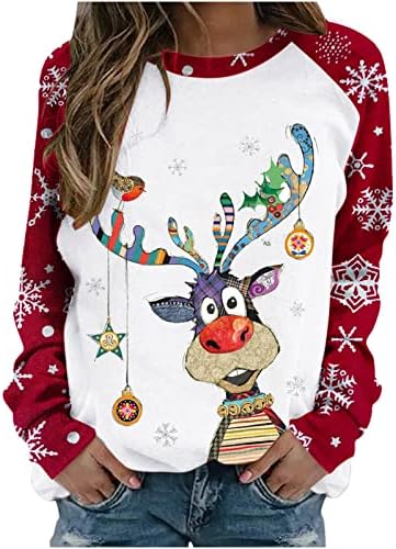 Bloco de cores feminino Raglan Pullover de Natal Crewneck Sweatshirt Direta de manga longa Camisas casuais de férias