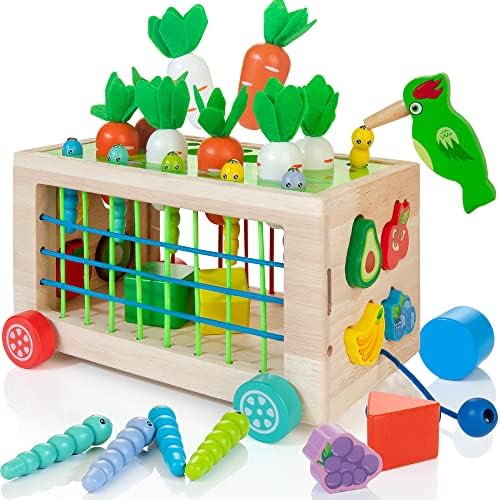 Woodmam Wooden Montessori Toys para crianças pequenas -6 em 1 carrinho de atividade com colheita de cenoura, correspondência