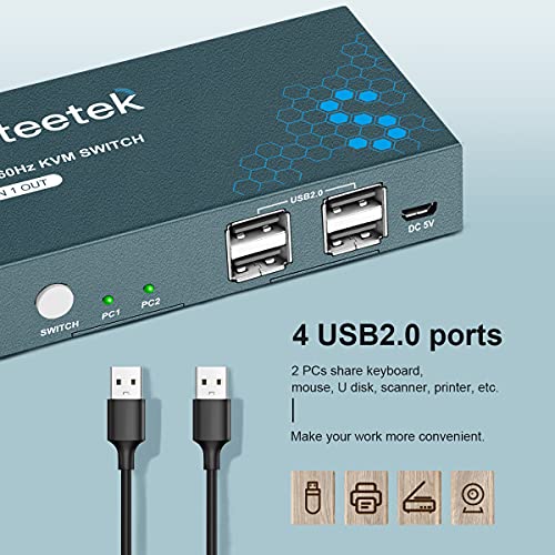 Switch Steetek USB 2.0 KVM 2 Box, UHD 4K@60Hz, Switch USB HDMI KVM para 2 computadores Compartilhe a impressora do mouse do teclado