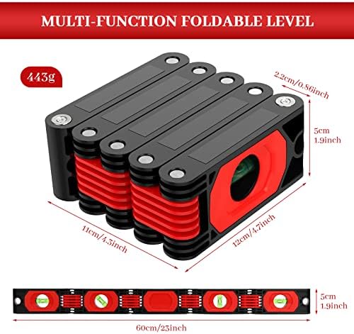 Nível dobrável multifuncional-Nível de medição de 23 polegadas com 4 bolhas de nivelamento fáceis de ler 45 °/90 °/180
