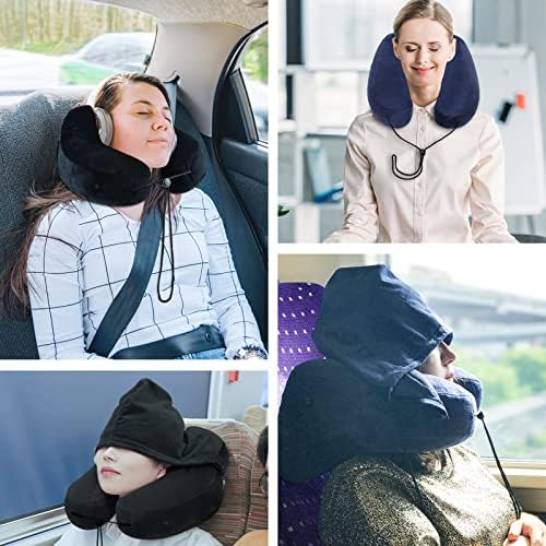 Travesseiro de viagem inflável de roucerlina com capuz e saco de armazenamento, travesseiros macios de pescoço para viajar, suportar travesseiro de avião na cabeça, soprar travesseiro de pescoço para viajar para o carro dormindo