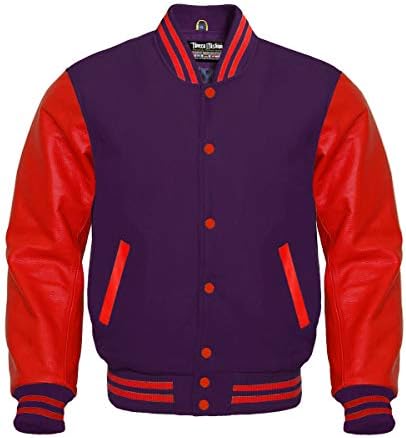 Varsity Letterman Baseball Lã cinza escura e jaqueta de mangas de couro vermelho genuíno