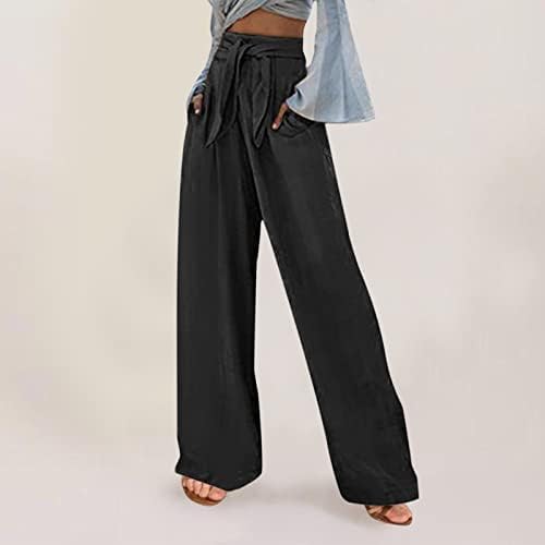 Calças de linho de algodão casual de verão para mulheres calças largas de perna reta Alta cintura longa com bolsos confortáveis