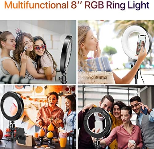 Luz de anel Miracase 8 com suporte, 14 cores RGB LED Ring Light com suporte de tripé e suporte para telefone e 10 Brightness